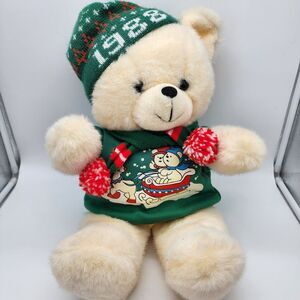 1988 Our Christmas Bear Plush 21" Cream Fur Sledding Sweater Hat DanDee Kmart